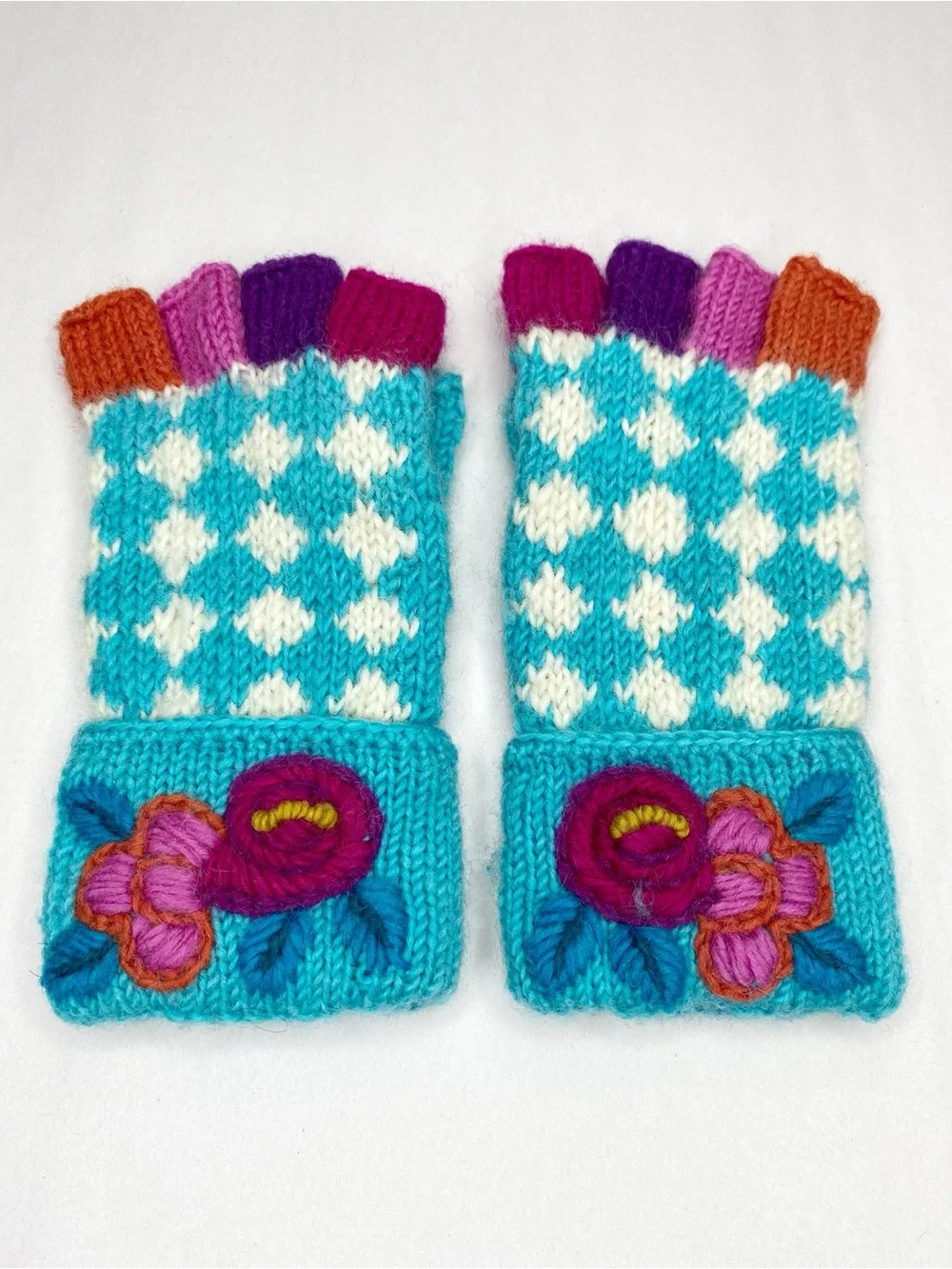 Handmade Knit Fingerless Gloves Floral Embroidery Cottagecore One Size